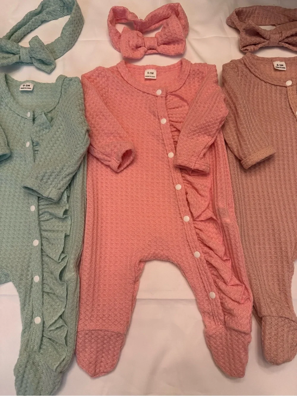 SHEIN set of 3 Baby Knit Ruffle One-Piece’s with matching headbands